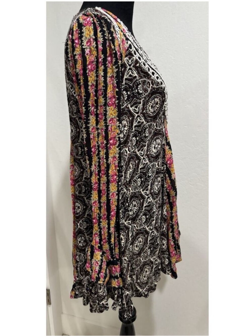 Free People Fallin Into You Tunic Dress  Black Combo Womens L Bell Sleeve Boho - Picture 5 of 14